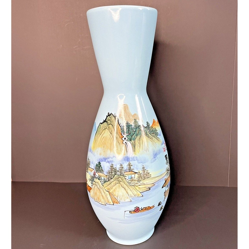 LARGE BLUE ORIENTAL CHINESE HAND‎ PAINTED PORCELAIN VASE MOUNTAIN VILLAGE DESIGN
